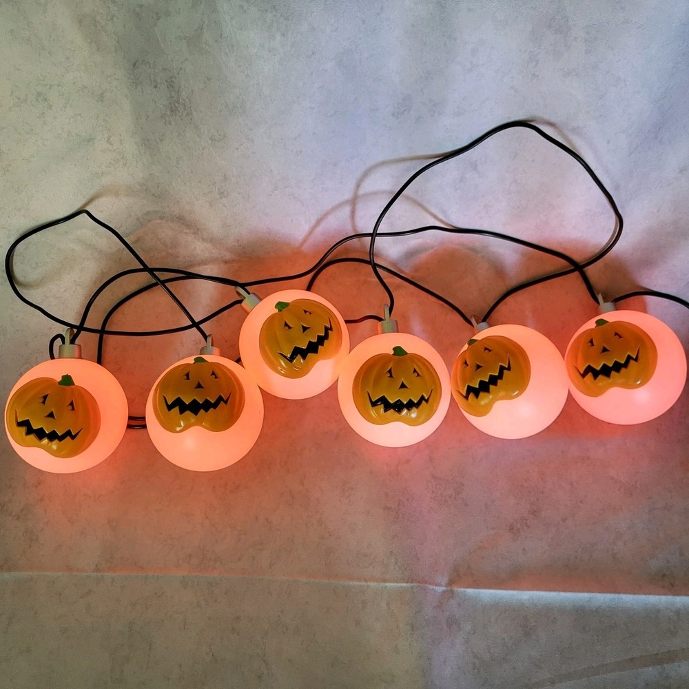 Vintage 6 Halloween Pumpkin Plastic String Lights 108" Long